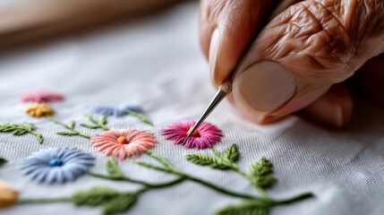 Poster - Person is embroidering a flower design on a piece of fabric. The flowers are pink and green, and the person is using a needle and thread to create the design. Concept of creativity and patience