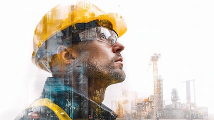 Poster - Construction Worker in Hard Hat Overlays Industrial Scene