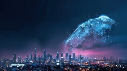 Poster - Night Skyline with Holographic Data Map Floating Above Cityscape