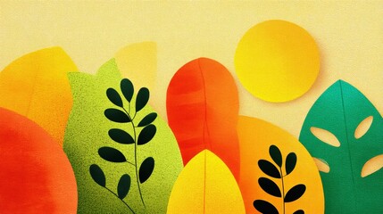 Poster - Colorful painting of a forest with leaves and a sun in the background. The painting has a bright and cheerful mood, with the sun shining through the leaves and creating a warm