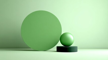 Poster - Green sphere sits on top of a black pedestal. The sphere is surrounded by a green circle. The scene is set against a green background