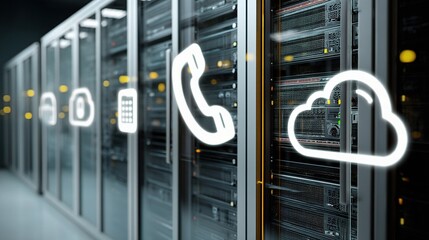 Poster - Modern Server Room with VoIP and Cloud Communication Icons