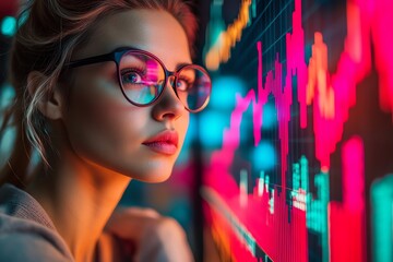 Poster - Woman in Glasses Observing Vibrant Stock Market Data