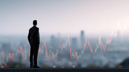 Poster - Businessman in Suit Overlooking Modern City with Forex Charts