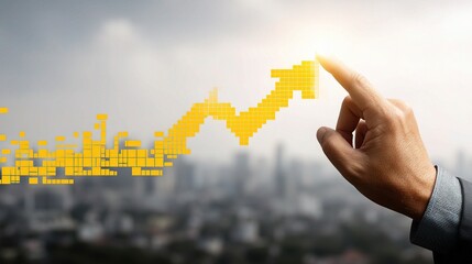 Poster - Male Hand Pointing at Rising Yellow Pixelated Arrow Against Cityscape