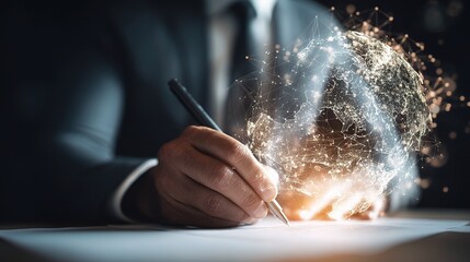 Poster - Businessman in Suit Signing Agreement with Digital Technology Visuals