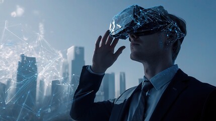 Poster - Executive Using VR Glasses for Finance Control in Cityscape