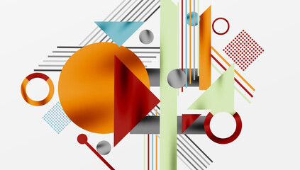 Poster - Abstract geometric composition. Shapes overlap, creating dynamic visual interest. Colors include orange, red, blue, gray, green.