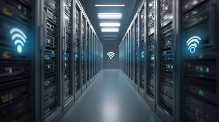 Poster - Modern Server Room with Network Connections and Wi-Fi Icons