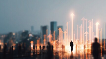 Poster - Financial Growth Skyline with Glowing Arrows and Silhouetted Figures