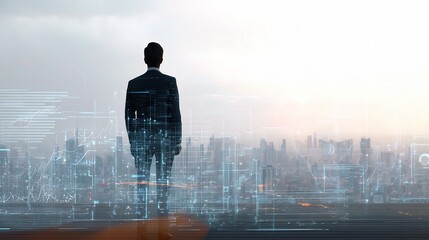 Poster - Male Executive Overlooking Cityscape with AI Machine Learning Data
