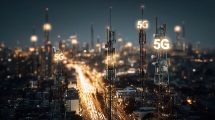 Poster - Urban Smart City Concept with Glowing 5G Towers and City Grid