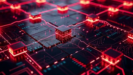 Poster - Closeup view of a red glowing blockchain network illustrating interconnected nodes and digital pathways in a futuristic technological landscape