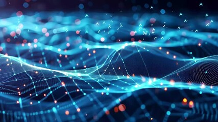 Fototapete - Futuristic technology wallpaper featuring glowing digital waves and interconnected data points in a vibrant blue and black setting
