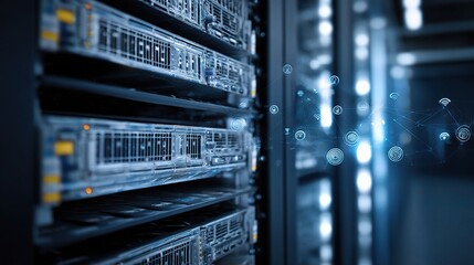 Poster - Modern Server Racks with Internet Connection and Data Icons