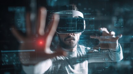 Poster - Man in Virtual Reality Headset Surrounded by Digital Elements