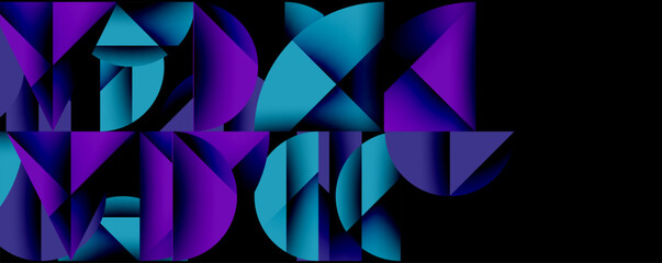 Fototapete - Abstract geometric shapes, vibrant purple, turquoise hues. Modern design, dynamic composition, dark background creates contrast.