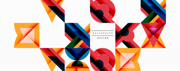 Poster - Abstract geometric shapes overlap, creating vibrant colorful design. Modern composition with red, orange, blue elements.