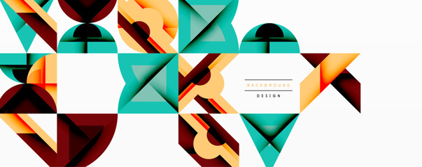 Aufkleber - Geometric patterns create modern design. Shapes overlap, forming abstract composition. Colors include teal, orange, brown, beige. Minimalist aesthetic.