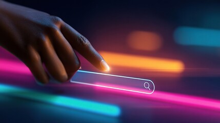 Poster - Woman Hand Activating Modern Search Bar Interface with Colorful Lights