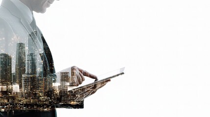 Poster - Modern Businessman Holding Digital Tablet in Urban Cityscape