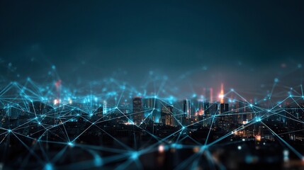Poster - Glowing Digital Cityscape with Connected Networks at Night