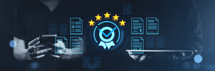 Poster - Digital compliance and certification concept with documents and quality check icons.