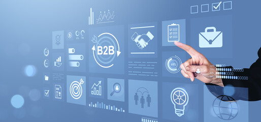 Poster - Business technology interface with B2B icons and analytics on digital screen..