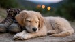© regulator - Sleepy puppy nestled against hiking boots