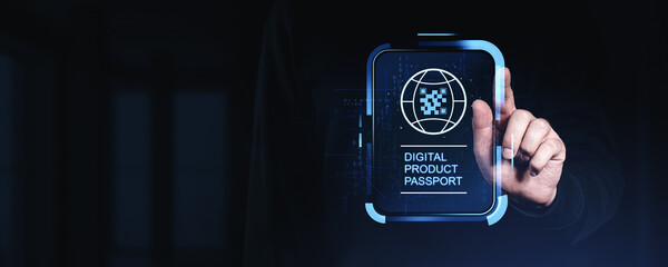 Poster - Man touching digital product passport hologram interface for authentication concept.