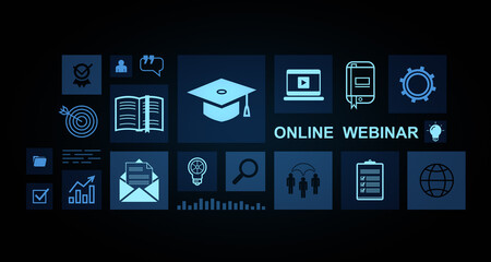 Poster - online webinar concept with digital education icons including graduation cap, books, and laptop on d