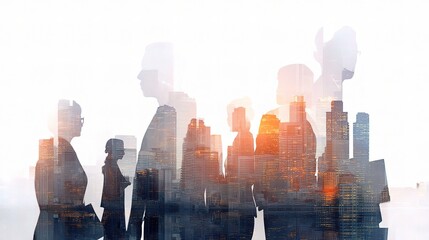 Poster - Silhouettes of Corporate Professionals Against a City Skyline Background