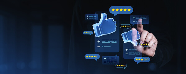 Poster - hand interacting with digital thumbs up and star rating symbols on dark background.