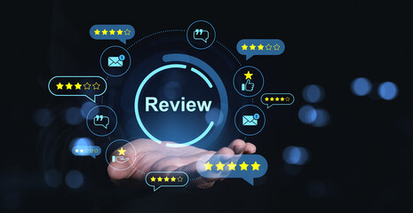 Customer feedback and review concept with rating stars on digital screen background.