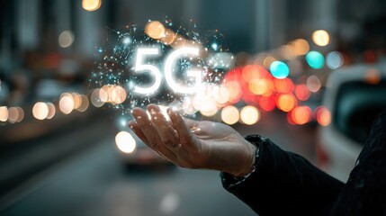 Poster - Businessman Holding Glowing 5G Symbol with Urban Background