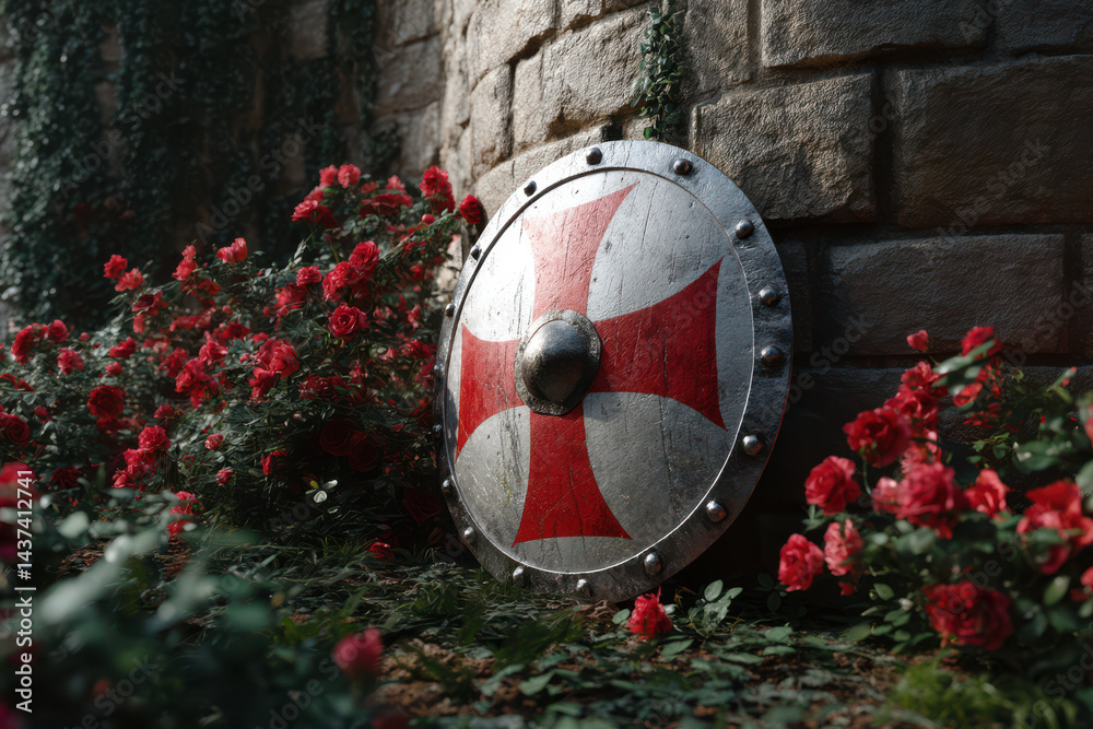 Medieval knight’s shield with St George cross surrounded by red roses ...