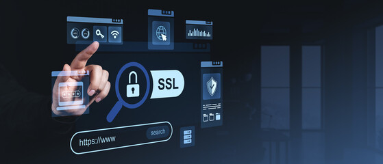 Poster - Hand interacting with digital SSL security interface on virtual screen background.