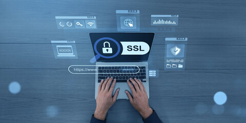 Poster - Hands typing on laptop with SSL padlock icon and cybersecurity interface overlay.