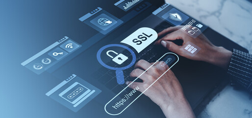 Poster - Cybersecurity concept with SSL protection icons over hands typing on laptop keyboard.