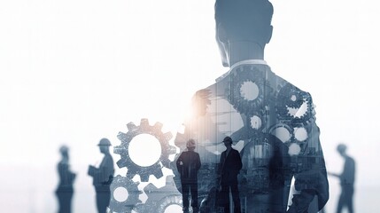 Poster - Executive Overseeing Industrial Gear Schematics and Workers in Action