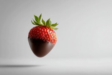 Poster - Chocolate Covered Strawberry Floating in Mid-Air With High-Key Lighting Creating a Clean and Bright Aesthetic