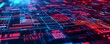 © AucArtStudio - Abstract digital circuit board with glowing elements in blue and red hues.