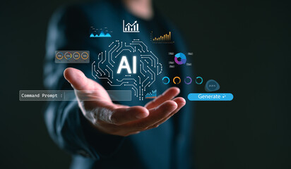 Aufkleber - Businessman using AI technology automatic data analysis and visualization with command prompt. Concept of artificial intelligence assistant, smart business analytics, future data-driven innovation.