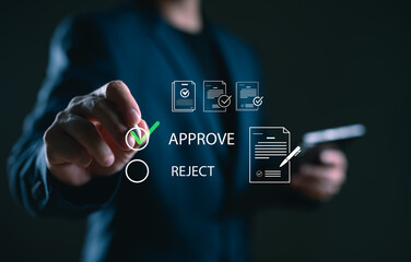 Aufkleber - Businessman approving digital documents through virtual interface using smartphone. Concept of document management, digital workflow, online approval process, remote work, paperless office technology.