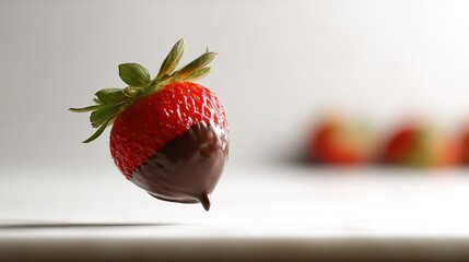 Poster - Chocolate Dipped Strawberry Floating in Mid-Air With Soft Background and Bright Lighting