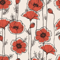 Wall Mural - red poppies flowers vintage pattern. summer vector illustration for print textile, fabric, wrapping 