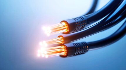 Poster - Fiber Optic Cable: Illustrative image of multiple fiber optic cables with glowing end, highlighting fast communication capabilities and the data stream that carries information across network.