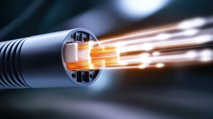 Poster - Fiber Optic Innovation: An up-close view of a fiber optic cable, showcasing glowing light transmission, symbolizing high-speed connectivity and technological progress. 