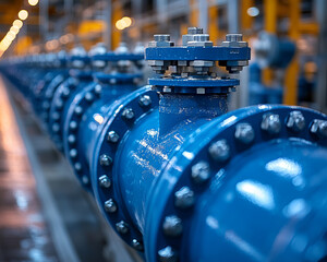 Poster - closeup of blue industrial valve system with bolts and pipes, showcasing precision engineering