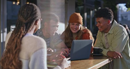 Poster - University student, friends and group in cafe with laptop, books and discussion with smile for education. Gen z people, circle and computer with scholarship, collaboration and learning at college